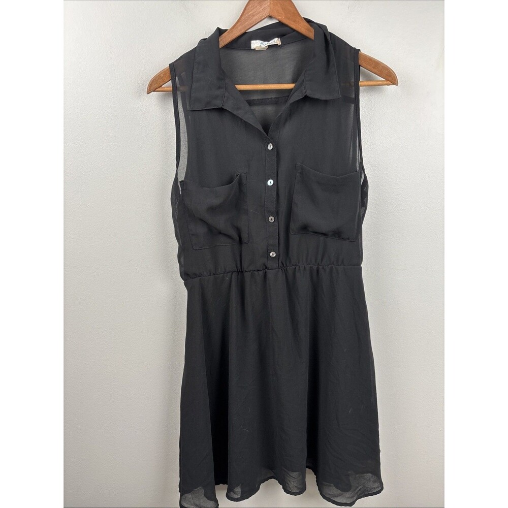 Freebird Women's Dress Large Black Sheer Lined Sleeveless Casual Buttons Elegant